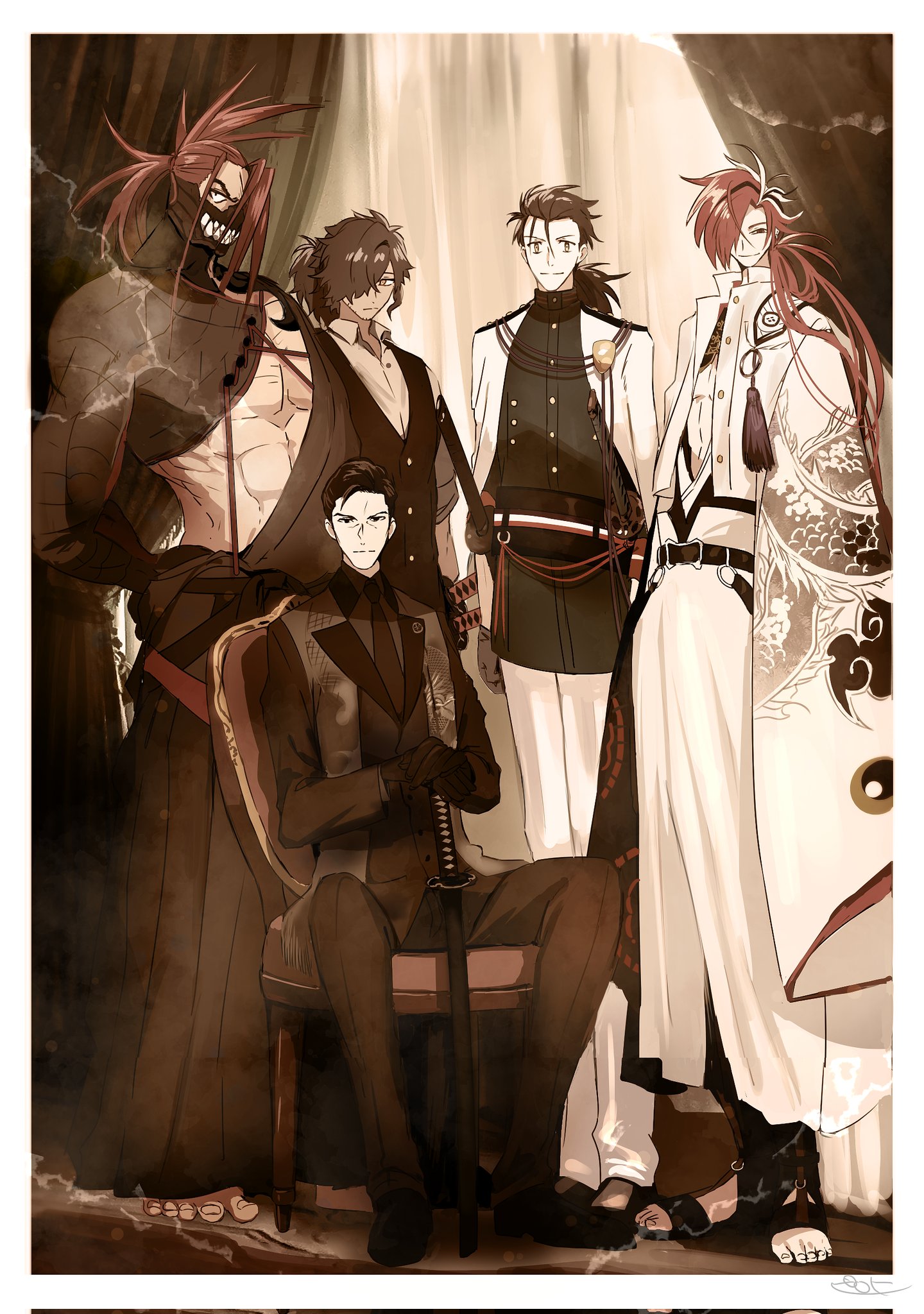 5boys :| abs barefoot belt black_belt black_eyes black_footwear black_gloves black_hair black_hakama black_jacket black_kimono black_necktie black_pants black_shirt black_suit black_vest border chair closed_mouth collared_shirt curtains dragon_print facial_hair fate/grand_order fate_(series) formal_clothes full_body gloves hadanugi_dousa hair_over_one_eye hair_slicked_back hakama hands_on_hilt highres igote jacket jacket_on_shoulders japanese_clothes katana kimono long_hair looking_at_viewer low_ponytail male_focus mask mouth_mask multicolored_hair multiple_boys muscular muscular_male necktie okada_izou_(fate) okada_izou_(i'm_one_dapping_fella)_(fate) open_clothes open_collar open_kimono pants pectoral_cleavage pectorals pirohi_(pirohi214) ponytail red_eyes red_hair sakamoto_ryouma_(fate) sakamoto_ryouma_(lancer)_(fate) sandals sepia sharp_teeth sheath sheathed shirt shoes short_hair sideways_glance sitting sleeves_rolled_up smile spiked_hair standing stole streaked_hair stubble suit sword takasugi_shinsaku_(fate) takechi_zuizan_(fate) tanaka_shinbei_(fate) teeth vest weapon white_border white_hair white_hakama white_jacket white_kimono white_pants wide_sleeves wrinkled_skin yellow_eyes