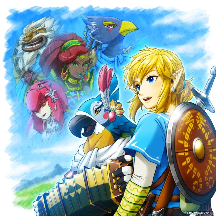beard bird colored_skin dark-skinned_female dark_skin daruk day facial_hair fins fish_girl gerudo goron hair_ornament jewelry kass link long_hair mipha monster_girl multicolored_skin nintendo red_hair red_skin revali rito sayoyonsayoyo shield shield_on_back sky smile sword the_legend_of_zelda the_legend_of_zelda:_breath_of_the_wild urbosa weapon white_hair yellow_eyes zora