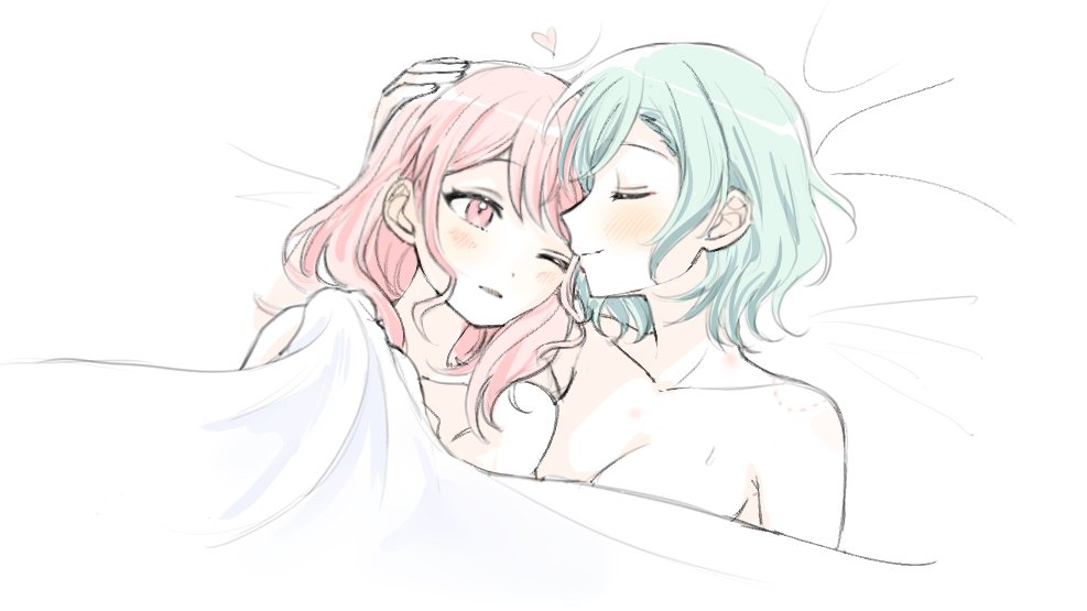 2girls bang_dream! blue_hair breasts chieh closed_eyes closed_mouth cuddling hand_on_another&#039;s_head heart hikawa_hina long_hair maruyama_aya medium_breasts multiple_girls nude one_eye_closed parted_lips pink_eyes pink_hair short_hair smile under_covers yuri