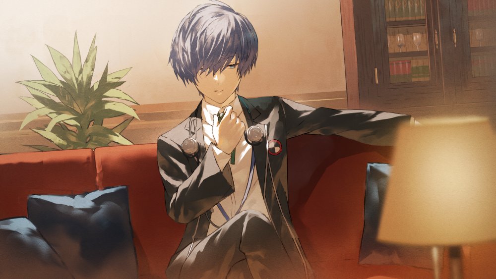 1boy blue_hair couch digital_media_player digital_walkman fagi_(kakikaki) gekkoukan_high_school_uniform headphones male_focus on_couch persona persona_3 persona_3_reload school_uniform solo walkman_nw-s203f yuuki_makoto_(persona_3)