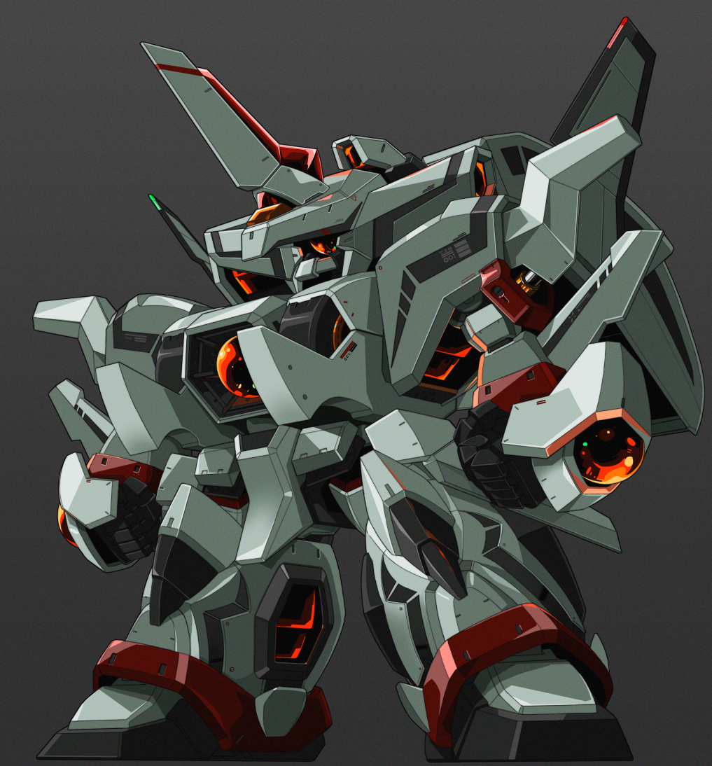 chibi grey_background hades_project_zeorymer horns mecha mecha_focus no_humans one-eyed orange_eyes rabo robot science_fiction single_horn solo super_robot zeorymer