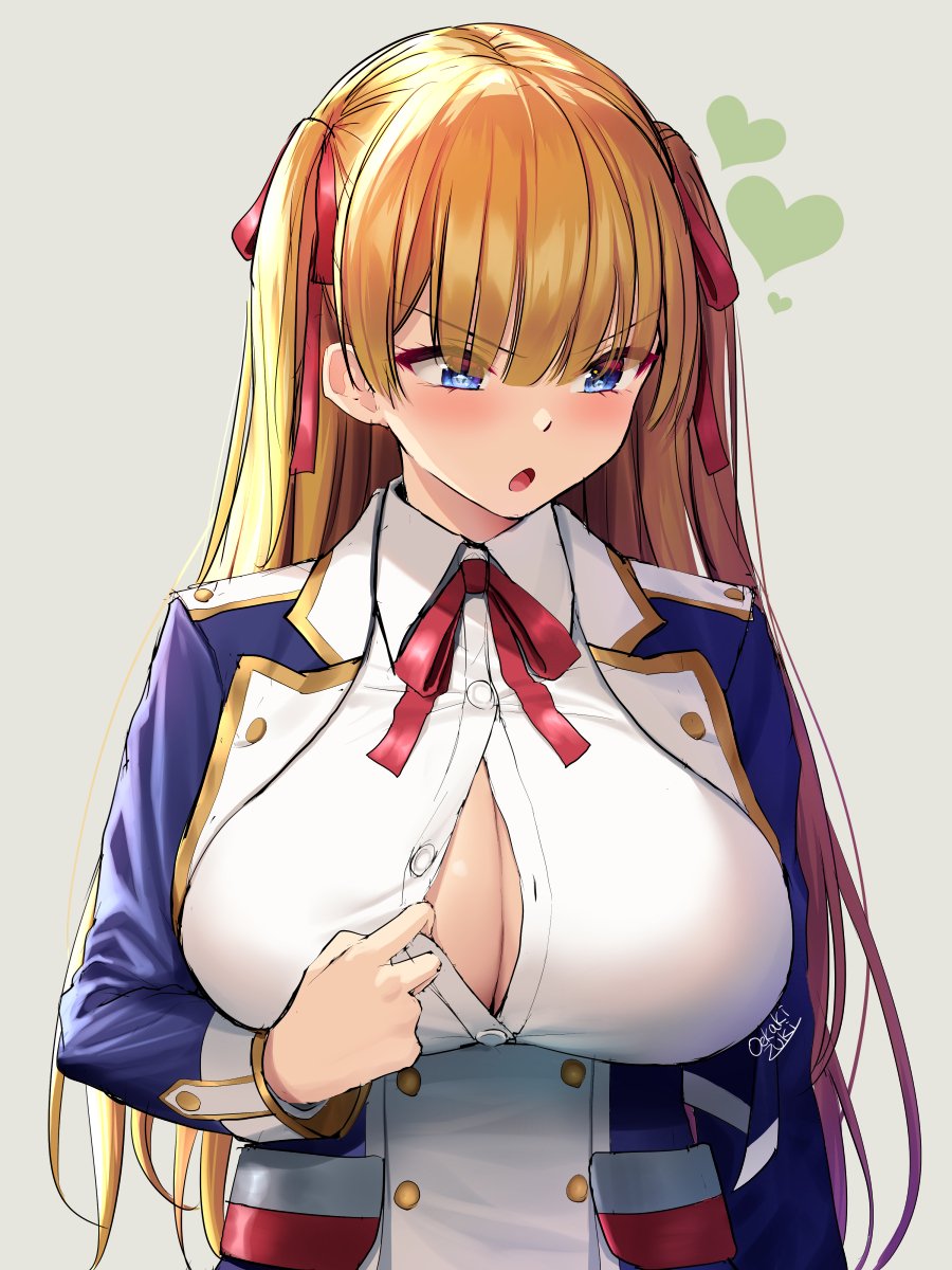 1girl azur_lane blonde_hair blue_eyes blue_jacket blush breasts cleavage commentary_request cropped_jacket female_focus hair_ribbon heart highres jacket large_breasts long_hair long_sleeves neck_ribbon oekakizuki open_clothes open_mouth red_ribbon ribbon simple_background solo sussex_(azur_lane) unbuttoned upper_body