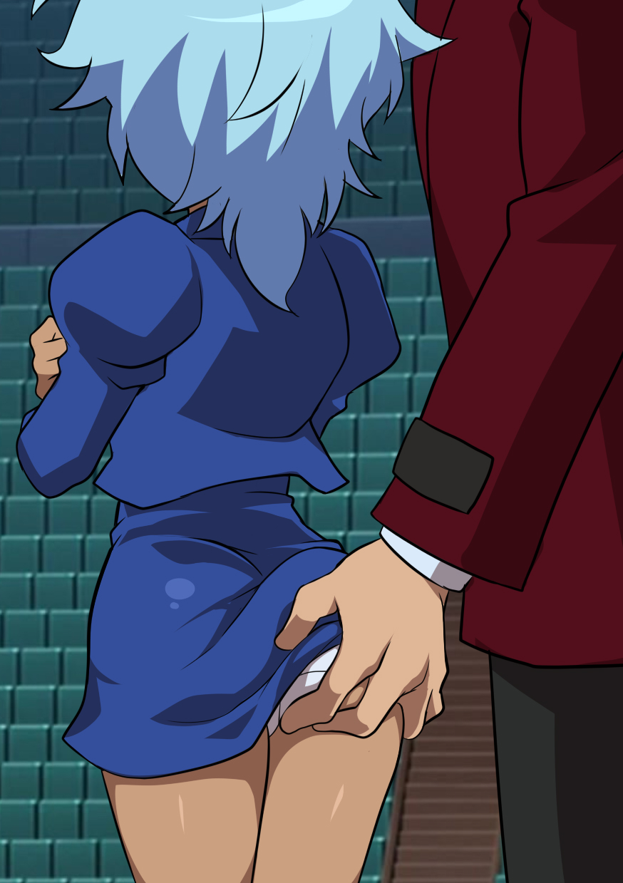 ass beyblade black_pants blue_hair blue_jacket blue_skirt clothes_lift formal_clothes from_behind grabbing_another&#039;s_ass groping hasama_hikaru height_difference highres jacket jcm2 juliet_sleeves long_sleeves medium_hair metal_fight_beyblade miniskirt molestation panties pants puffy_sleeves red_jacket sexual_harassment skirt skirt_lift stadium standing suit underwear white_panties