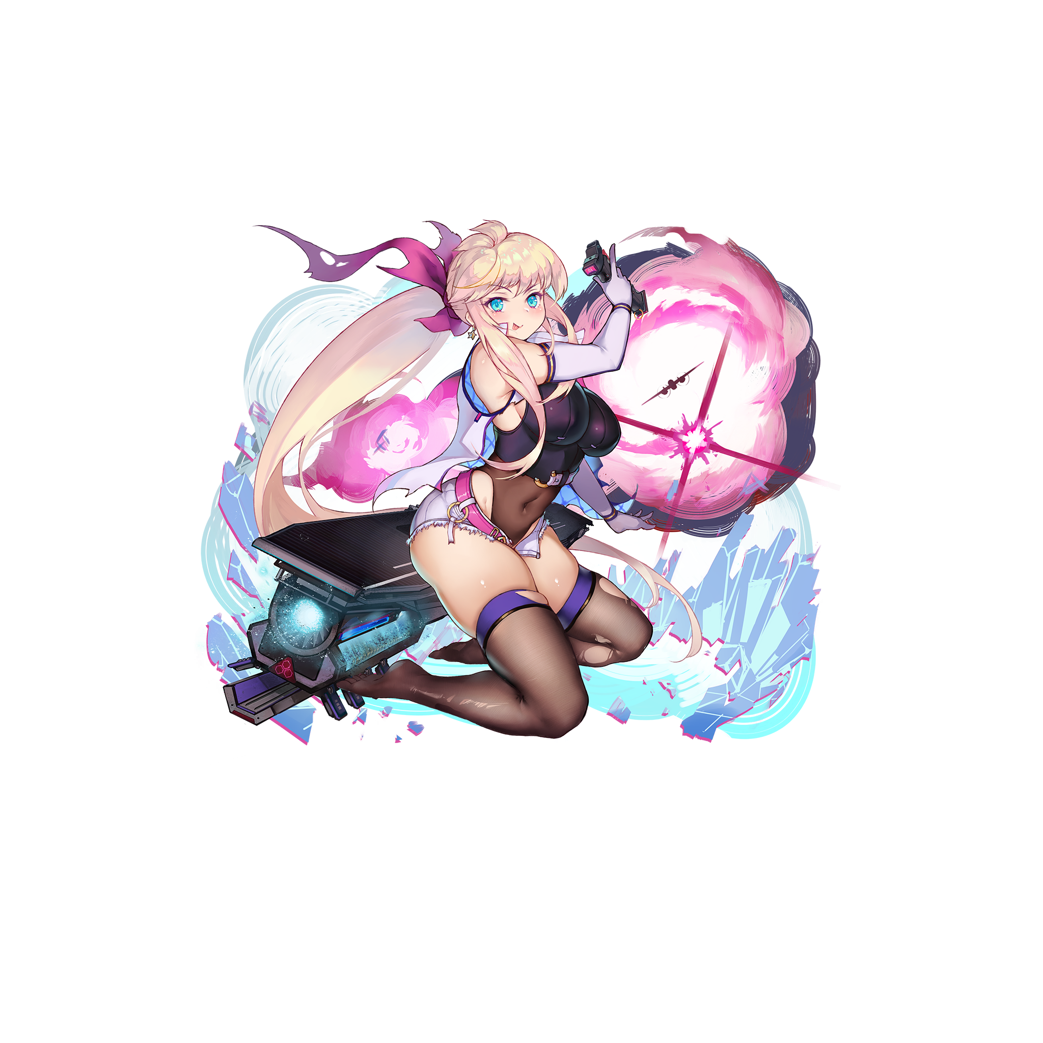 1girl aqua_eyes b-25_mitchell belt black_thighhighs blonde_hair bow breasts coat covered_navel crop_top earrings elbow_gloves full_body g.h_(gogetsu) gloves hair_bow highres hornet_(warship_girls_r) jewelry kneeling large_breasts long_hair looking_at_viewer official_alternate_costume official_art pink_belt pink_bow ponytail rigging short_shorts shorts sleeveless sleeveless_coat solo star_(symbol) star_earrings thighhighs tongue tongue_out torn_bow torn_clothes torn_coat torn_thighhighs transparent_background very_long_hair warship_girls_r white_coat white_gloves white_shorts