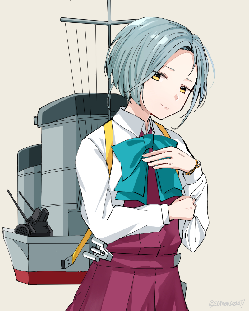 1girl aqua_bow aqua_bowtie blue_hair bow bowtie closed_mouth commentary_request dress grey_background kantai_collection long_sleeves looking_at_viewer purple_dress rigging samonasu17 shirt short_hair simple_background solo tamanami_(kancolle) twitter_username upper_body white_shirt yellow_eyes