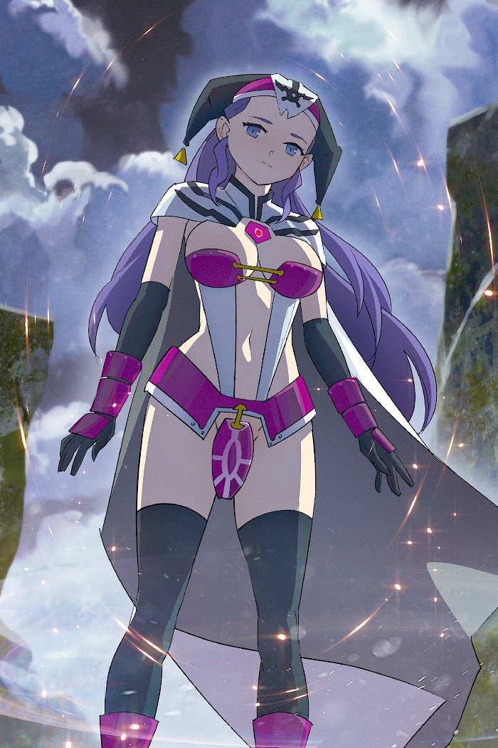 1girl althena armor bikini_armor black_thighhighs blue_eyes blue_hair breasts cape closed_mouth cloud elbow_gloves frown gloves hat long_hair looking_at_viewer luna_noah lunar lunar:_the_silver_star navel solo thighhighs yugen99