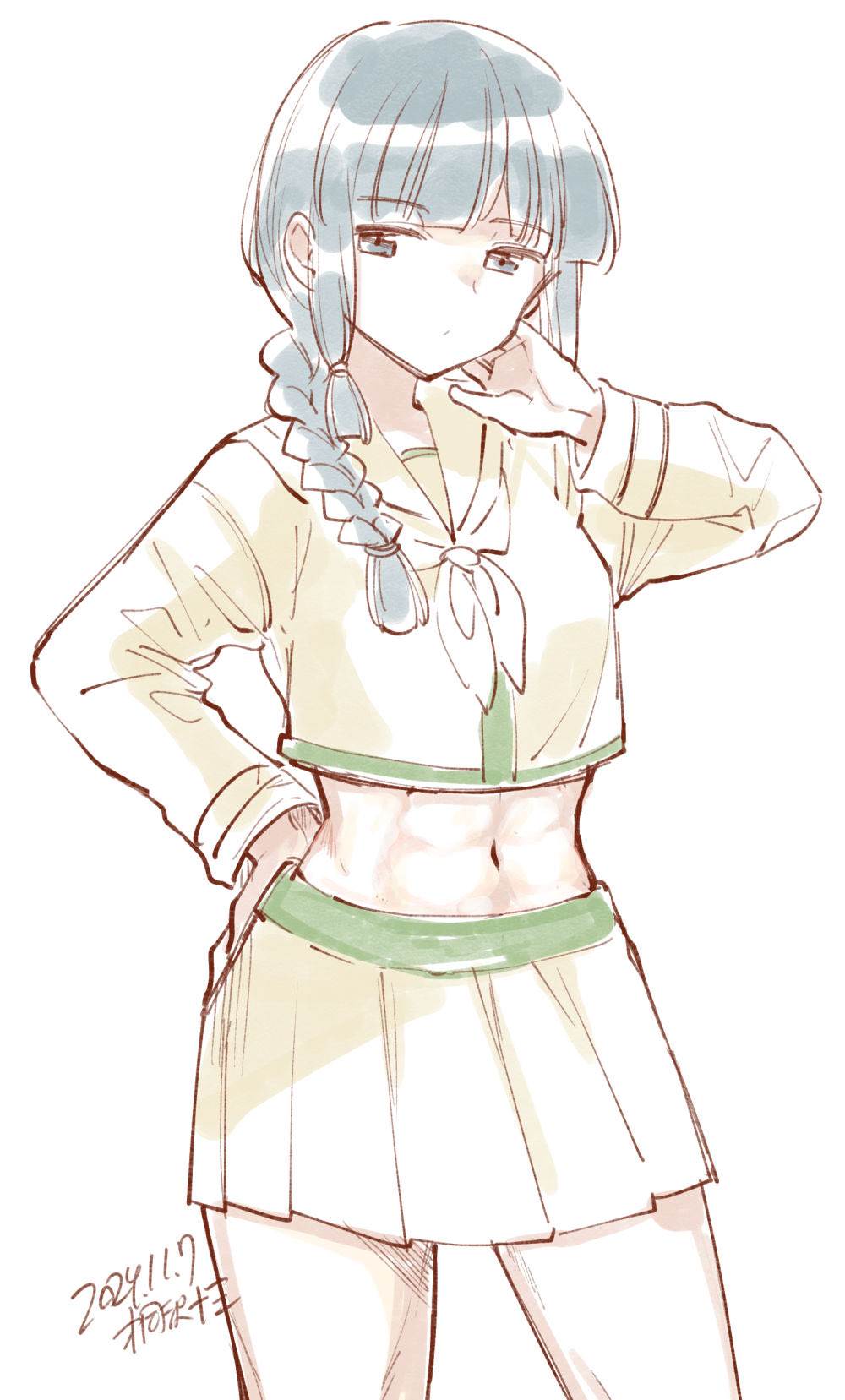 1girl abs artist_name black_hair blunt_bangs braid contrapposto cowboy_shot dated grey_eyes hair_over_shoulder hand_on_own_face highres kantai_collection kirisawa_juuzou kitakami_(kancolle) kitakami_kai_ni_(kancolle) midriff neckerchief pleated_skirt sailor_collar sailor_shirt school_uniform serafuku shirt simple_background single_braid skirt solo standing white_background white_neckerchief yellow_sailor_collar yellow_serafuku yellow_shirt yellow_skirt