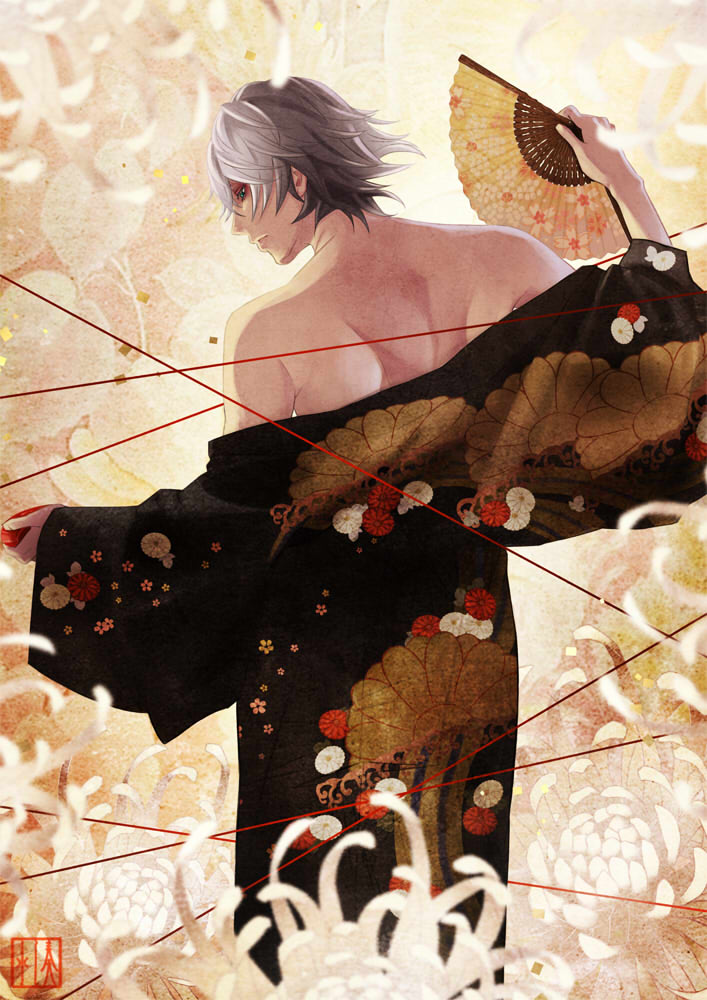 1boy back black_kimono blue_eyes commentary_request cowboy_shot cup floral_print flower from_behind grey_hair hand_fan holding holding_fan japanese_clothes kamisama_hajimemashita kimono looking_to_the_side male_focus mizuki_(kamisama_hajimemashita) rikunaminato sakazuki short_hair solo spider_lily string string_of_fate white_flower white_spider_lily