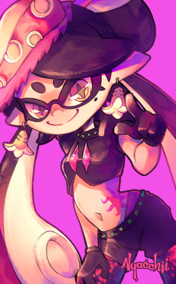 arched_back arm_on_thigh black_gloves black_hair black_shirt black_shorts bow bow-shaped_hair breasts callie_(octo_idol_outfit)_(splatoon) callie_(splatoon) collar cowlick crop_top earrings eye_mask eyelashes fish_(food) food food_on_head gloves gold_earrings gradient_hair hat jewelry leaning_forward leather long_hair long_pointy_ears looking_at_viewer midriff mole mole_under_eye multicolored_hair navel nintendo nyacchii object_on_head octopus_sashimi octopus_sausage_earrings octopus_tattoo official_alternate_costume padded_shoulders pale_skin panties panty_straps pantyhose pink_background pink_hat pink_leaf pink_lightning pink_panties pink_shiso_leaf pink_tattoo pointing pointing_at_viewer pointy_ears puffy_short_sleeves puffy_sleeves sashimi sequins shirt short_eyebrows short_shorts short_sleeves shorts simple_background smile spiked_collar spiked_waistband spikes splatoon_(series) splatoon_2 standing star-shaped_pupils star_(symbol) stomach_tattoo studded_collar suction_cups swept_bangs symbol-shaped_pupils tattoo tentacle_hair thick_eyebrows twintails underwear very_long_hair yellow_eyes yellow_pupils
