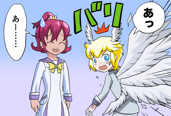1boy 1girl ^^^ aida_mana blonde_hair blue_eyes blush bow closed_eyes crossover digimon digimon_(creature) digital_hazard dokidoki!_precure fang feathered_wings gradient_background japanese_text lucemon multiple_wings oogai_daiichi_middle_school_uniform open_mouth partially_translated pink_hair precure simple_background sweat sweatdrop teeth translation_request wings