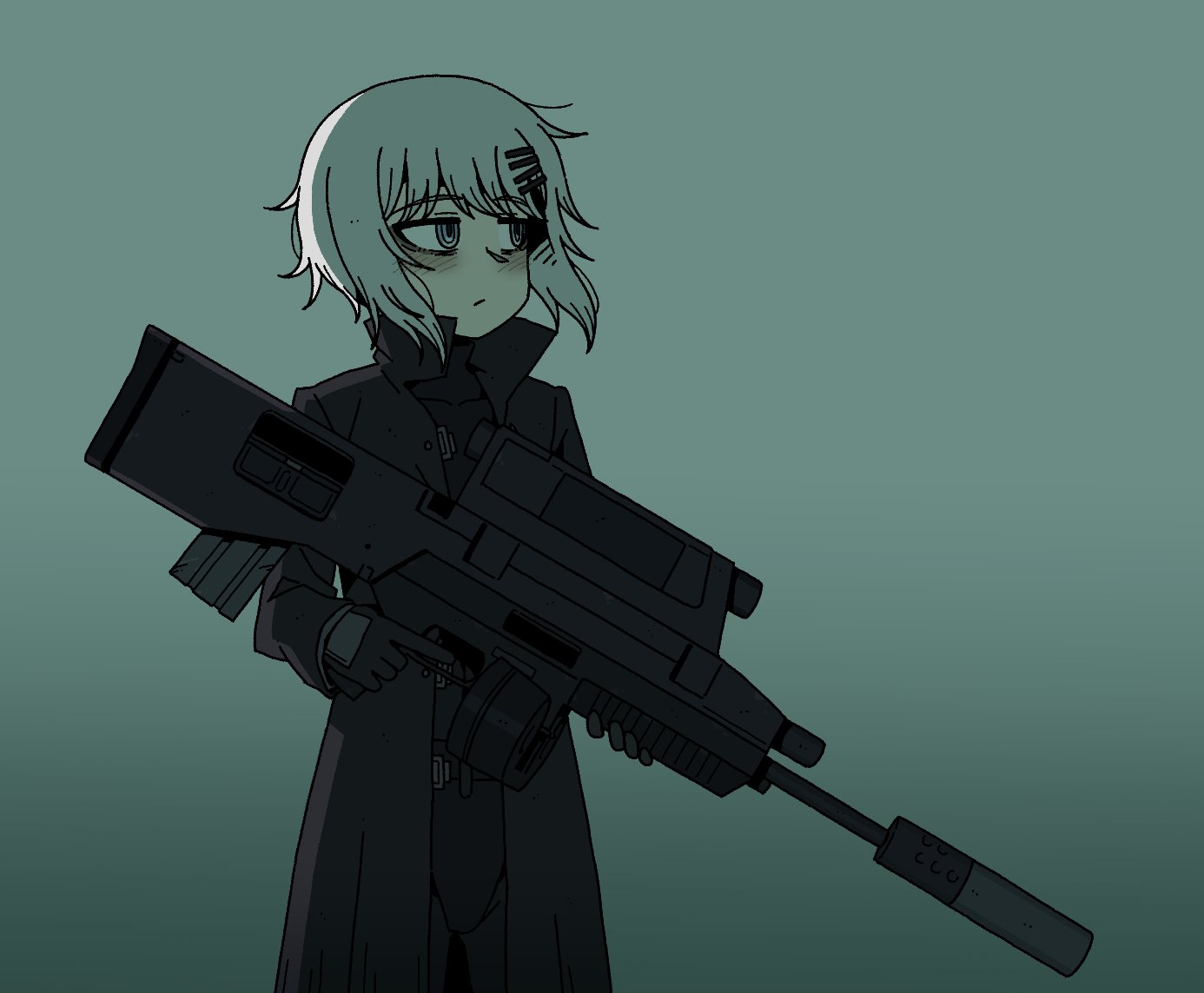 1girl airburst_grenade_launcher aqua_background aqua_eyes assault_rifle bags_under_eyes beta_c-mag black_bodysuit black_coat blush bodysuit bodysuit_under_clothes bullpup coat commentary computerized_scope cowboy_shot drum_magazine english_commentary exhausted extended_barrel floating_hair gradient_background grenade_launcher gun hair_ornament hairclip heckler_&_koch high-capacity_magazine holding holding_gun holding_weapon jaggy_lines karepack looking_ahead magazine_(weapon) marie_(peripeteia) modular_weapon_system multi-weapon multiple-barrel_gun open_clothes open_coat peripeteia precision-guided_firearm rifle scope semi-automatic_grenade_launcher short_hair sidelighting sidelocks smart_scope solo standing suppressor three_quarter_view transforming_weapon trench_coat under-barrel_configuration underbarrel_assault_rifle underbarrel_rifle weapon white_hair xm104_(smart_scope) xm29_oicw