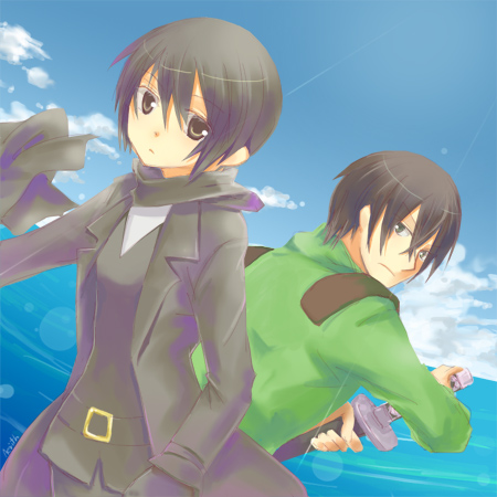 00s 1boy 1girl aerith_(shizu_x_kino) androgynous back-to-back black_hair brown_hair buckle coat formal_clothes kino_(kino_no_tabi) kino_no_tabi long_sleeves looking_at_viewer looking_back lowres neng scabbard sheath shizu_(kino_no_tabi) suit sword unsheathing water weapon