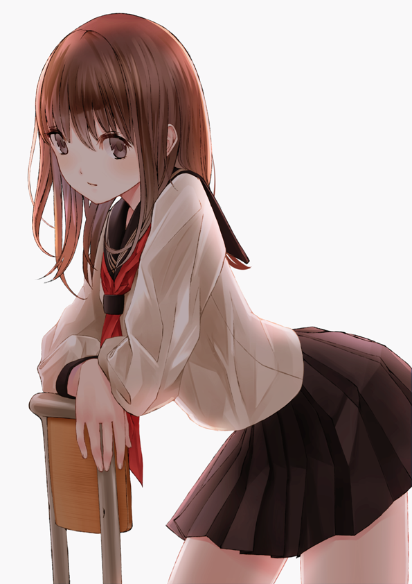 1girl bad_id bad_pixiv_id black_skirt blouse brown_eyes brown_hair chair chikuwa_(glossymmmk) chikuwa_(odennabe) cowboy_shot female_focus leaning_forward legs_apart long_hair long_sleeves looking_at_viewer miniskirt original pleated_skirt school_uniform serafuku shirt simple_background skirt solo white_shirt
