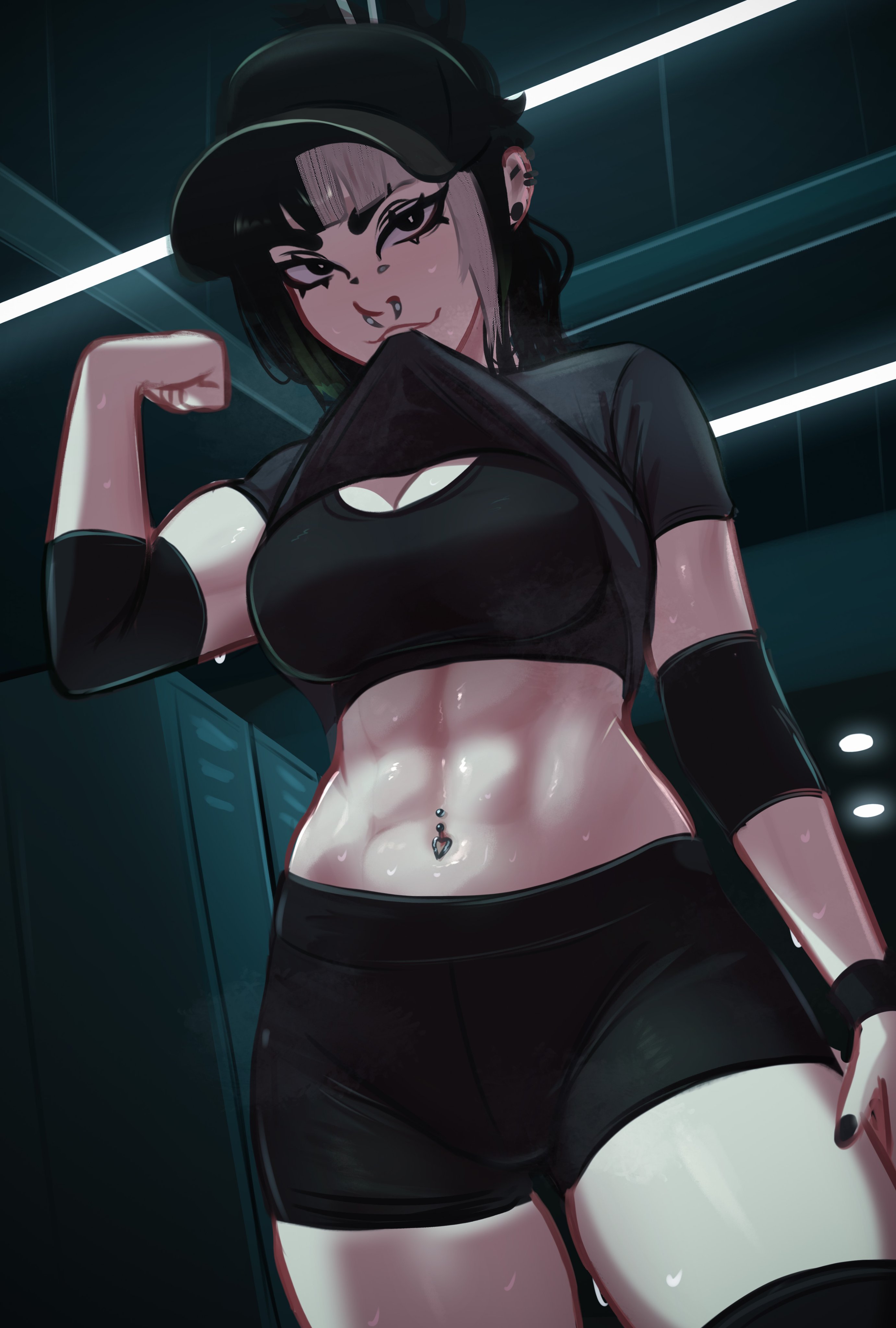1girl abs absurdres baseball_cap biceps bike_shorts black_eyes black_hair blunt_bangs breasts cleavage clothes_in_mouth clothes_lift elbow_sleeve face_piercing flexing from_below hat highres large_breasts lifting_own_clothes locker locker_room looking_at_viewer mika_(veyonis) mouth_hold multicolored_hair muscular muscular_female navel navel_piercing nose_piercing original piercing ponytail shirt shirt_in_mouth shirt_lift shorts solo sports_bra steaming_body stomach sweat t-shirt thick_thighs thighs tight_clothes two-tone_hair veyonis
