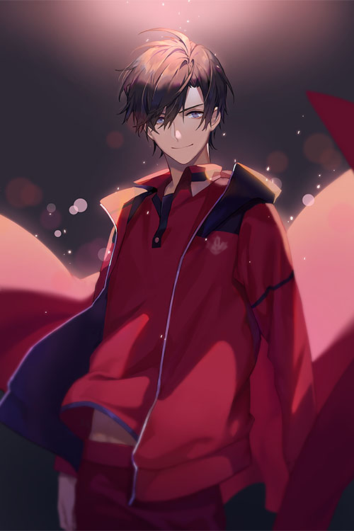 1boy black_hair blurry chinese_commentary closed_mouth collared_shirt cowboy_shot jacket lens_flare light_particles long_sleeves looking_at_viewer male_focus open_clothes open_jacket pants purple_eyes quan_zhi_gao_shou red_jacket red_pants red_shirt shirt short_hair smile solo spade6 standing ye_xiu