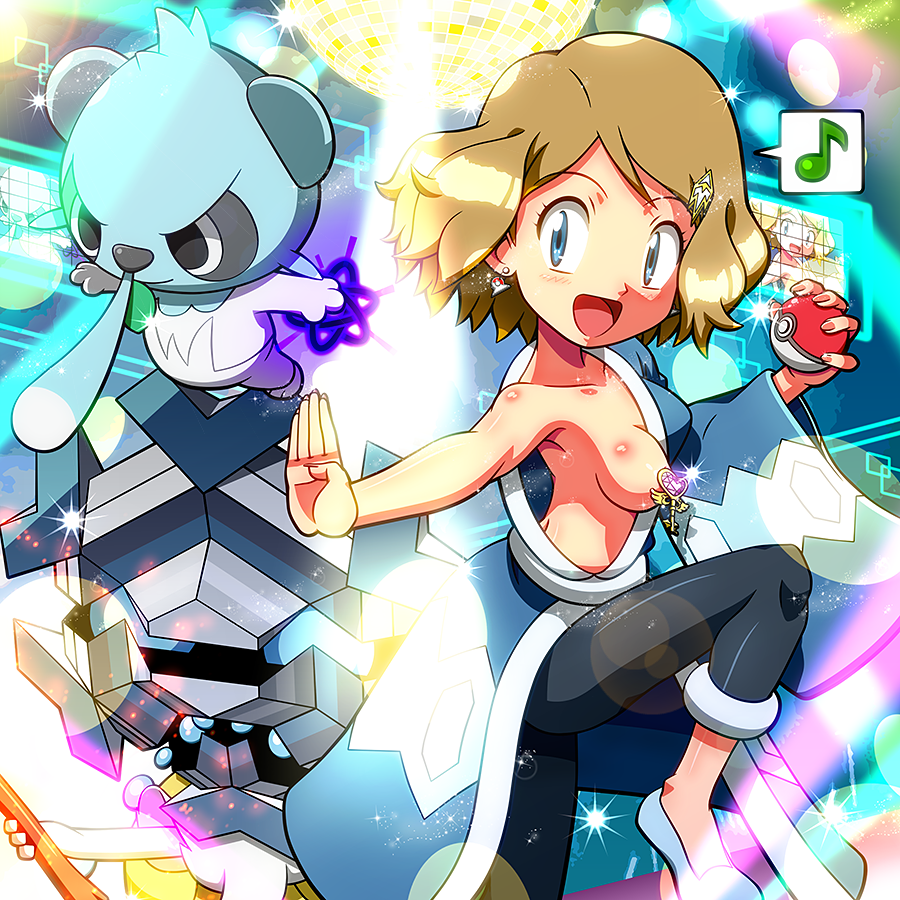 1girl :d bad_id bad_pixiv_id black_pants blue_eyes blue_footwear blush body_blush breasts brycen_(pokemon) brycen_(pokemon)_(cosplay) capri_pants commentary_request cosplay cryogonal cubchoo cubchoo_(cosplay) eyelashes flats gen_5_pokemon gen_6_pokemon holding holding_poke_ball light_brown_hair musical_note nintendo one_breast_out open_mouth outstretched_arm pancham pants poke_ball poke_ball_(basic) pokemon pokemon_(anime) pokemon_bw_(anime) pokemon_xy_(anime) rorretsim serena_(pokemon) shiny_skin short_hair single_bare_arm smile sparkle spoken_musical_note tongue
