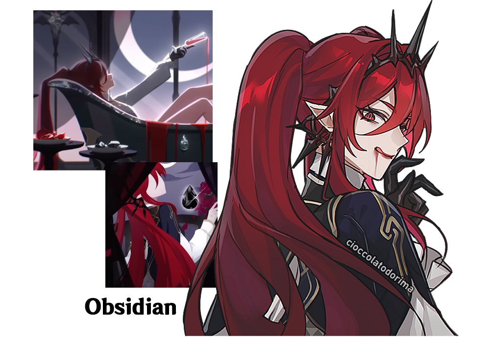 1girl black_gloves black_jacket black_tiara blood character_name cioccolatodorima closed_mouth colored_inner_hair commentary crescent crescent_moon english_commentary eyeshadow frills from_side gloves gold_trim hair_between_eyes hand_up honkai:_star_rail honkai_(series) jacket long_hair long_sleeves looking_at_viewer makeup moon multicolored_hair obsidian_(honkai:_star_rail) pink_hair pointy_ears ponytail red_eyes red_eyeshadow red_hair shirt sidelocks simple_background smile solo tiara tongue tongue_out upper_body white_background white_shirt