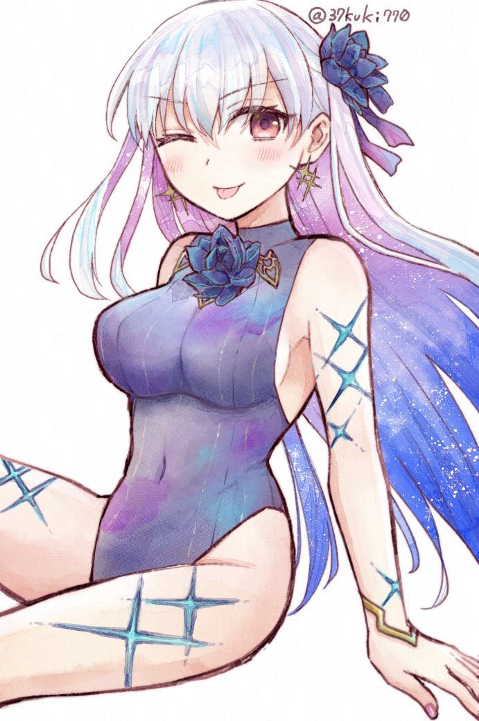 1girl 37kuki770 :p bare_shoulders blush breasts earrings fate/grand_order fate_(series) flower gradient_hair grey_hair hair_flower hair_ornament jewelry kama_(fate) kama_(swimsuit_avenger)_(third_ascension)_(fate) long_hair looking_at_viewer lotus multicolored_hair one-piece_swimsuit red_eyes solo star_(symbol) swimsuit tongue tongue_out