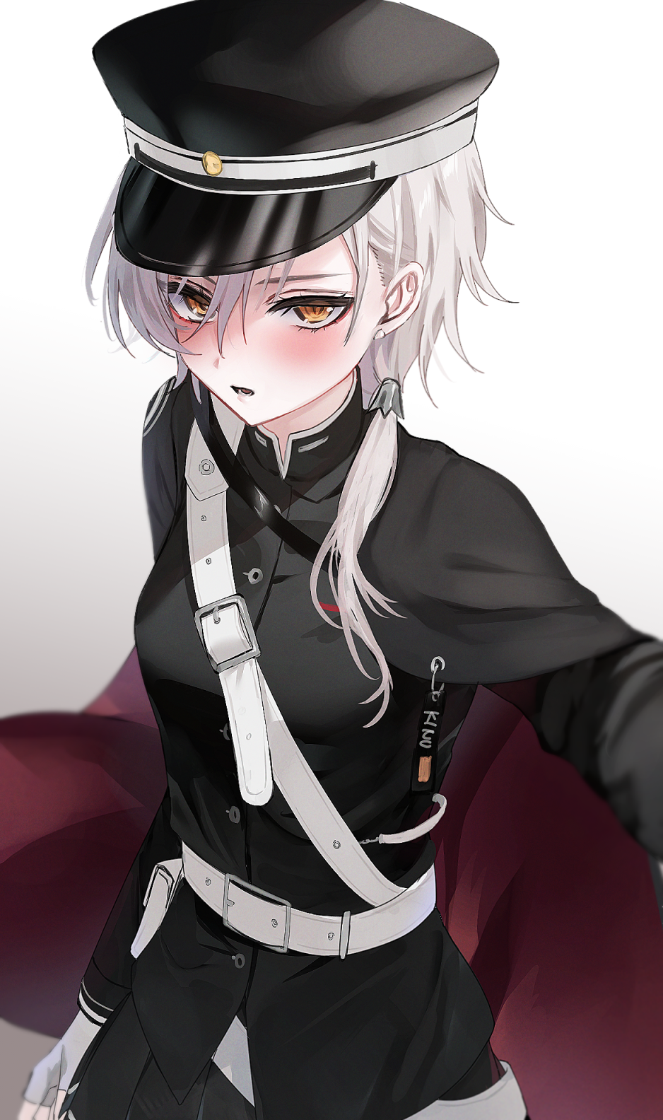 1girl azur_lane belt blush cape fingerless_gloves gloves hair_ornament hair_over_shoulder half-closed_eyes hat highres kinu_(azur_lane) long_hair looking_at_viewer military_hat military_uniform open_mouth ponytail skirt solo trtrpnk white_hair yellow_eyes