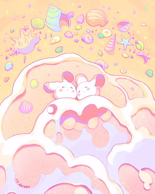 2others animal animal_focus beach closed_eyes foaming_waves lying multiple_others no_humans ocean on_back original partially_submerged pastel_colors rabbit rii_abrego sand seashell shell shore signature sleeping starfish water white_fur