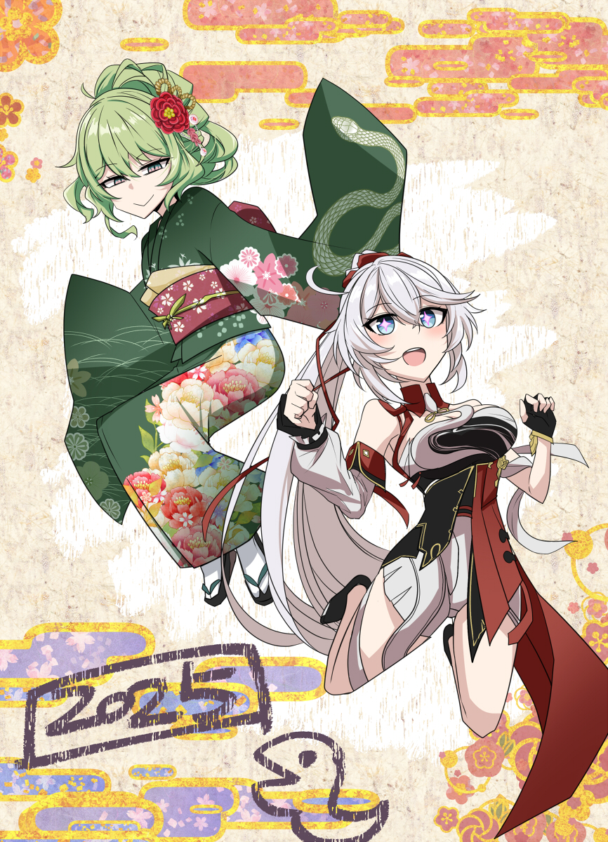2025 2girls blue_eyes breasts commentary_request dress floral_print floral_print_kimono flower green_hair green_kimono hair_flower hair_ornament high_ponytail highres honkai_(series) honkai_impact_3rd japanese_clothes kiana_kaslana kiana_kaslana_(ba-dum!_fiery_wishing_star) kimono large_breasts long_hair mobius_(honkai_impact) multiple_girls nabeiro_kin open_mouth ponytail print_kimono slit_pupils smile teeth thighs white_dress white_hair
