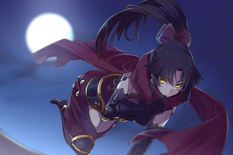 1girl android black_hair breasts echo_(circa) fate/grand_order fate_(series) full_moon gold_trim joints katou_danzou_(fate) large_breasts leotard long_hair looking_at_viewer moon night night_sky outdoors parted_bangs ponytail purple_leotard red_scarf robot_joints scarf sidelocks sky yellow_eyes
