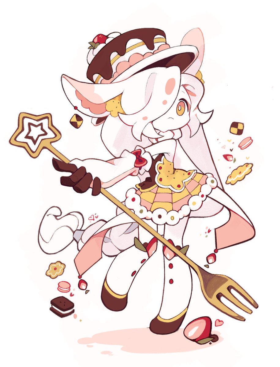 1girl animal_ears cake_hat closed_mouth colored_skin cookie cookie_print detached_sleeves food food_print fork fruit full_body hat highres holding holding_fork ice_cream ice_cream_sandwich long_hair long_sleeves looking_at_viewer low-tied_long_hair macaron magical_girl muu_037 original rabbit_ears solo strawberry very_long_hair white_hair white_skin yellow_eyes