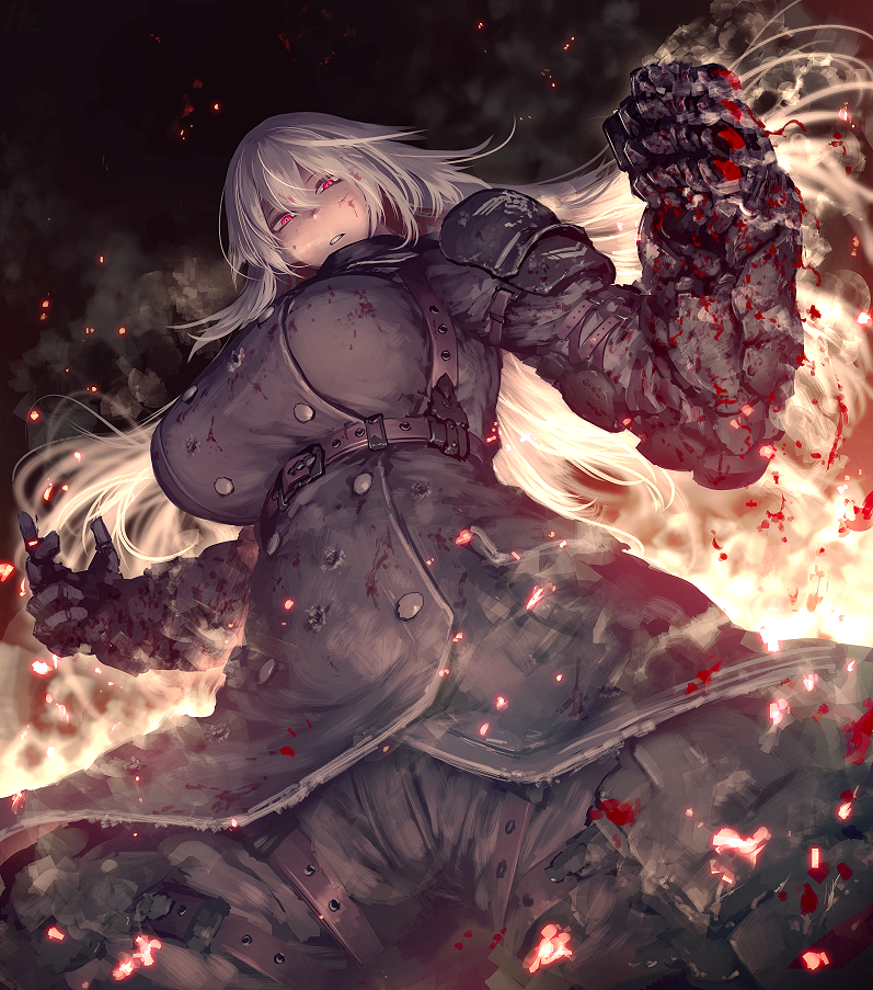 1girl armor belt black_background black_jacket black_pants blood blood_on_clothes blood_on_face blood_on_hands breasts buttons commission cowboy_shot fire from_below gauntlets hair_between_eyes hetza_(hellshock) jacket large_breasts long_hair long_sleeves looking_at_viewer original pants parted_lips red_eyes shoulder_armor skeb_commission smoke solo underbust white_hair