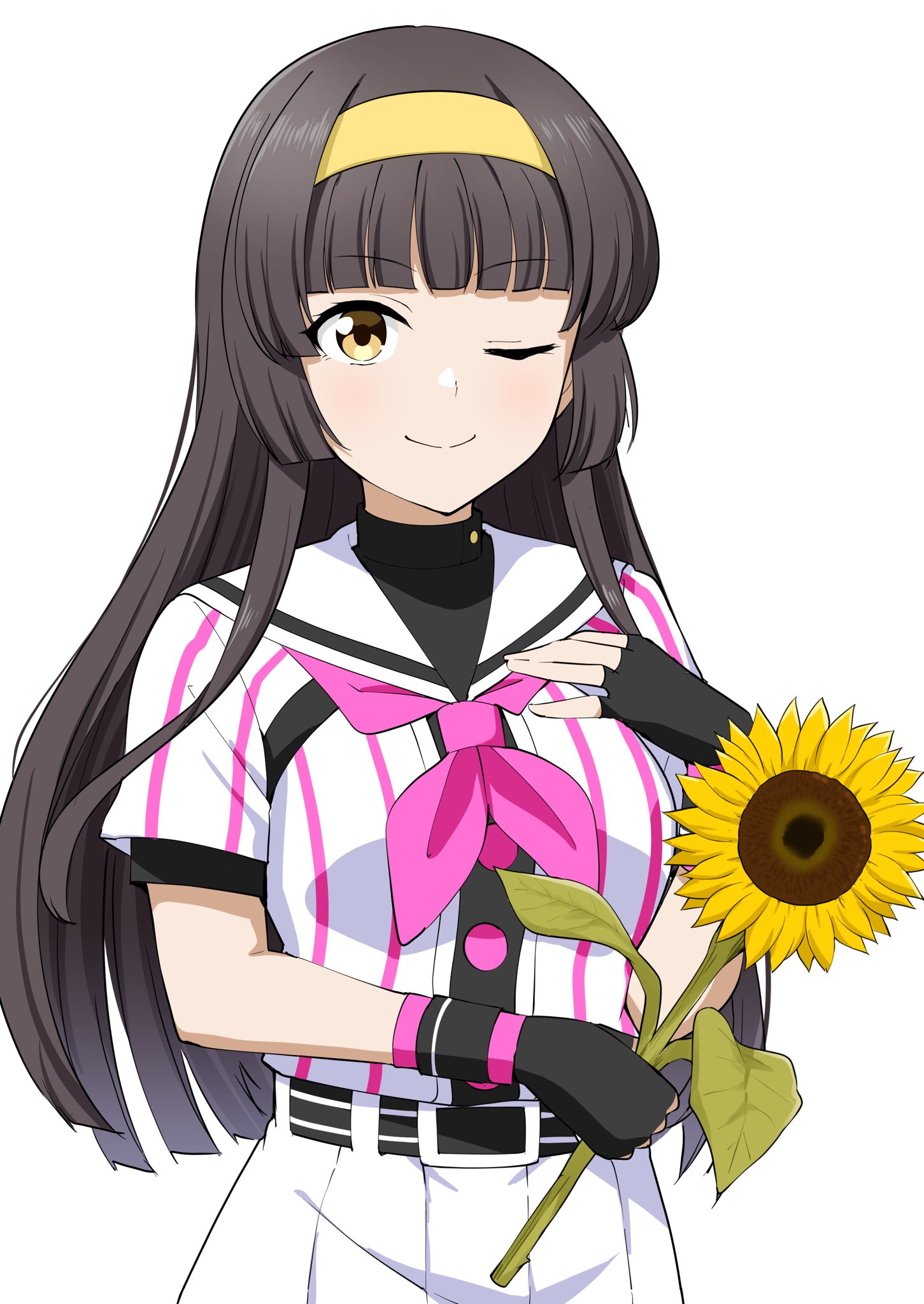 1girl ;) barkhorn0331 baseball_uniform belt belt_buckle black_belt black_gloves black_hair black_undershirt blunt_bangs buckle cinderella_series cowboy_shot fingerless_gloves flower gloves hachigatsu_no_cinderella_nine hairband hand_on_own_chest highres holding holding_flower long_hair looking_at_viewer neckerchief one_eye_closed pink_neckerchief pleated_skirt sailor_collar satogahama_baseball_uniform shirt shirt_under_shirt short_sleeves simple_background skirt smile solo sportswear standing striped_belt striped_clothes striped_shirt sunflower tsukishima_yui_(hachigatsu_no_cinderella_nine) vertical-striped_clothes vertical-striped_shirt white_background white_sailor_collar wristband yellow_eyes yellow_hairband