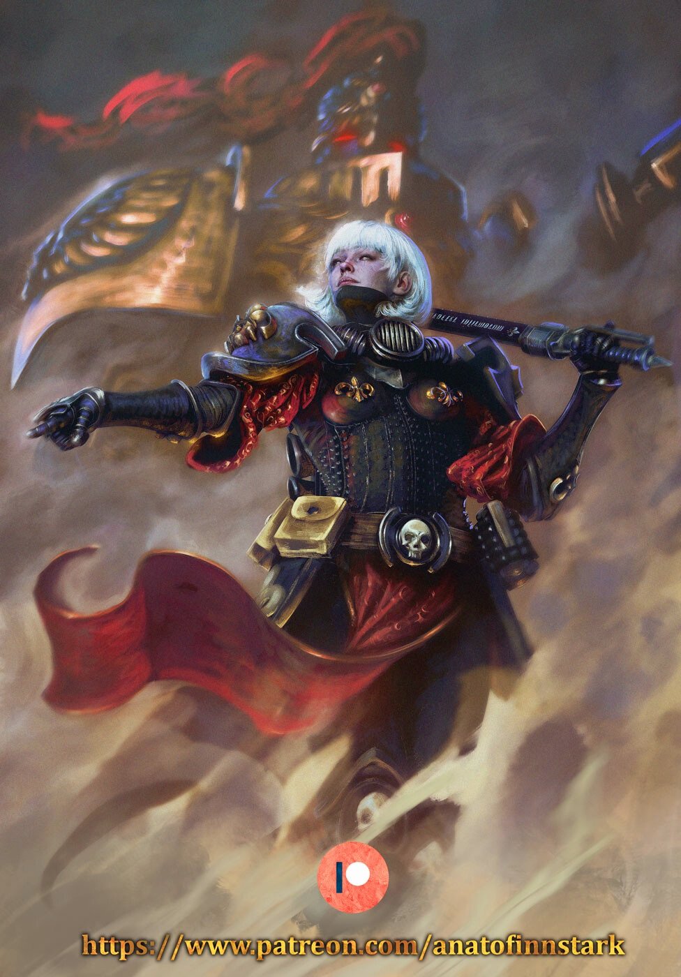 1boy 1girl adepta_sororitas adeptus_custodes anato_finnstark aquila_(symbol) armor artist_name black_armor bolt_pistol breastplate breasts commentary english_commentary explosive fleur-de-lis full_armor glowing glowing_eyes gold_armor grenade guardian_spear helm helmet highres holding holding_sword holding_weapon imperial_aquila imperium_of_man medium_hair patreon_logo patreon_username pauldrons pelvic_curtain pointing polearm power_armor power_sword red_eyes red_plume scar shoulder_armor skull_ornament sword warhammer_40k watermark weapon web_address