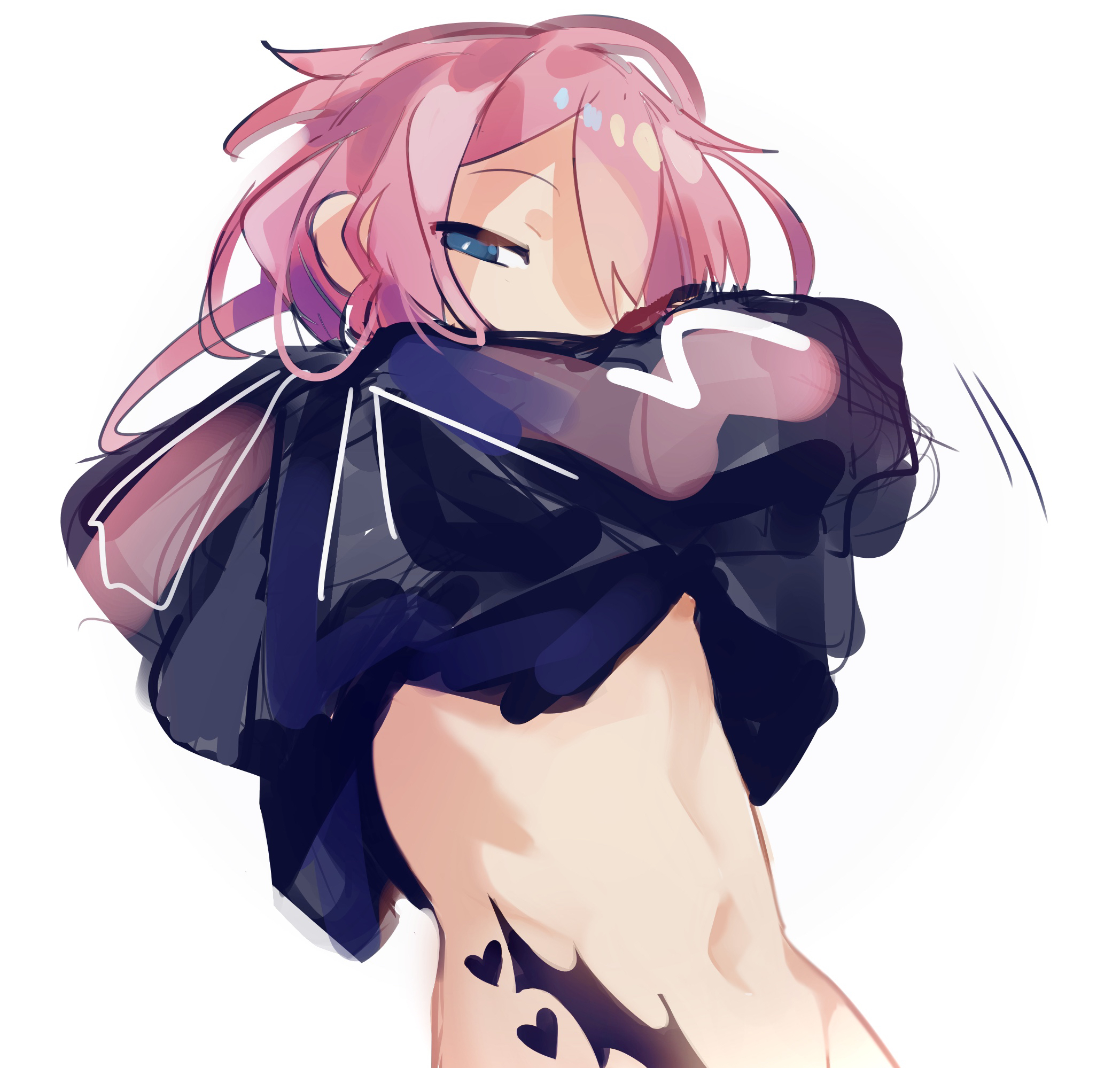 1boy black_hoodie blue_eyes bottomless bright_pupils clothes_lift clothes_pull commentary_request half-closed_eyes heart heart_tattoo highres hip_tattoo hood hood_down hoodie hoodie_lift lifting_own_clothes lifting_hoodie long_sleeves looking_to_the_side lower_body_naked navel original pink_hair raito-kun_(uenomigi) short_hair sidelocks simple_background solo solo_focus tattoo tattoo_on_hip hip_tattoo trap uenomigi undressing upper_body white_background white_hoodie white_pupils