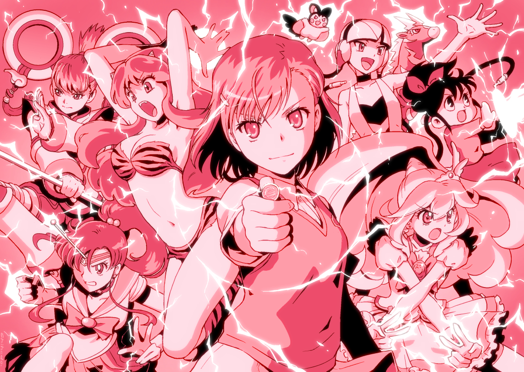 10s 6+girls aiming aiming_at_viewer animal_print bikini bishoujo_senshi_sailor_moon breasts bunden_denko chihedo cleavage coin cure_peace dragon_kid electricity electrokinesis elesa_(pokemon) emolga gen_5_pokemon hair_flaps hair_ornament hairpin headphones horns huang_baoling kino_makoto kise_yayoi large_breasts long_hair lum magical_girl medium_breasts misaka_mikoto monochrome multiple_girls nintendo pink_theme pokemon pokemon_(creature) pokemon_bw ponytail power_connection precure sailor_jupiter school_uniform skirt smile_precure! swimsuit tiara tiger_&amp;_bunny tiger_print toaru_kagaku_no_railgun toaru_majutsu_no_index urusei_yatsura zebstrika