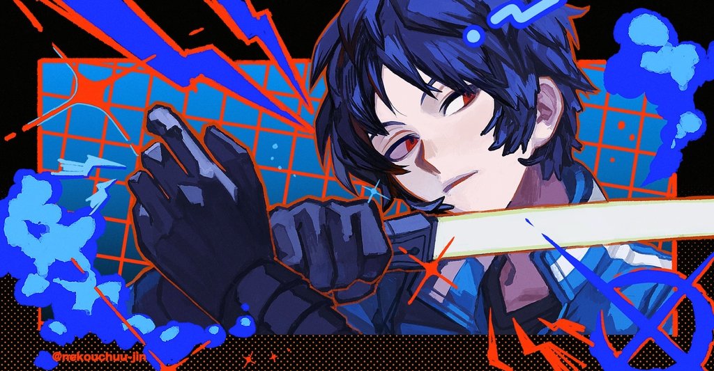 1boy black_gloves black_hair black_shirt blue_background blue_jacket closed_mouth gloves hands_up holding holding_sword holding_weapon jacket karasuma_kyousuke male_focus mikumo_squad&#039;s_uniform nekouchuu_jin red_eyes shirt short_hair solo sword twitter_username upper_body weapon world_trigger