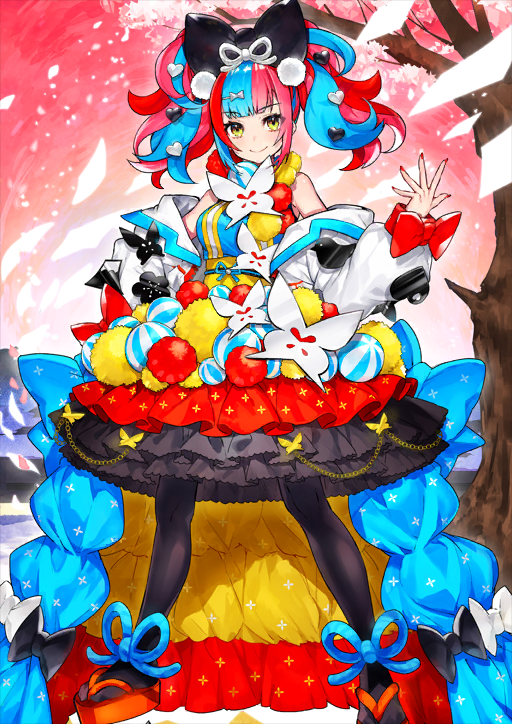 1girl bare_shoulders black_bow black_pantyhose blue_hair blunt_bangs bow bow_skirt breasts cherry_blossoms closed_mouth dress fate/grand_order fate_(series) fingernails frilled_dress frills full_body game_cg hair_bow hair_ornament hairclip hand_on_own_hip hand_up heart heart_hair_ornament jacket layered_dress legs_apart looking_at_viewer medium_breasts mika_pikazo multicolored_dress multicolored_hair obi obijime off_shoulder official_art okobo open_clothes open_jacket overskirt pantyhose petals pink_hair platform_sandals pom_pom_(clothes) red_bow red_nails red_sandals sandals sash sei_shounagon_(fate) sei_shounagon_(second_ascension)_(fate) short_dress short_hair short_twintails sidelocks skirt sleeveless smile solo standing third-party_source twintails two-tone_hair unzipped variant_set white_bow white_jacket yellow_eyes yellow_sash zipper