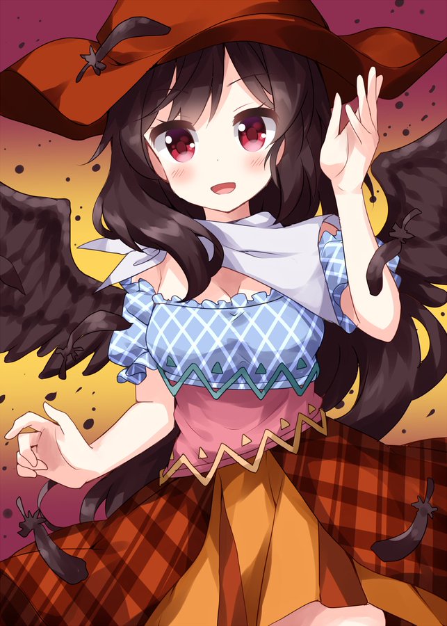 1girl bandana black_feathers black_hair black_wings blurry blurry_background blush breasts cleavage clothing_cutout cowboy_hat cowboy_shot feathered_wings feathers hand_up hat image_sample kurokoma_saki leg_cutout long_hair looking_at_viewer multicolored_background multicolored_skirt open_mouth pegasus_wings pink_hat pink_skirt plaid_clothes plaid_skirt plaid_vest puffy_short_sleeves puffy_sleeves red_background red_eyes ruu_(tksymkw) shirt short_sleeves skirt solo tail touhou twitter_sample two-tone upper_body vest white_bandana wings