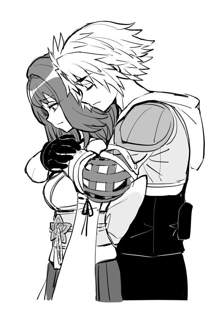 1boy 1girl black_gloves black_overalls breasts closed_eyes closed_mouth couple dede_(qwea_00000) detached_sleeves final_fantasy final_fantasy_x gloves greyscale hetero hood hood_down hooded_jacket hug hug_from_behind jacket long_sleeves looking_down medium_breasts medium_hair monochrome nontraditional_miko obi overalls parted_bangs pleated_skirt profile sash short_hair shoulder_pads sketch skirt tidus upper_body white_background white_sleeves yuna_(ff10)