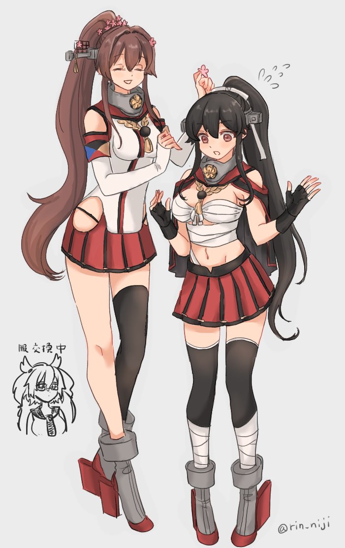 3girls black_hair black_legwear black_panties breasts brown_eyes brown_hair budget_sarashi commentary_request cosplay costume_switch detached_sleeves closed_eyes flower glasses grey_background hair_between_eyes hair_flower hair_ornament headgear highleg highleg_panties hip_vent kantai_collection large_breasts long_hair medium_breasts midriff multiple_girls musashi_(kancolle) musashi_(kancolle)_(cosplay) navel open_mouth panties pink_flower pleated_skirt ponytail rin_(rin_niji) rudder_footwear sarashi sidelocks simple_background single_thighhigh skirt standing thighhighs twintails twitter_username underwear yahagi_(kancolle) yamato_(kancolle)
