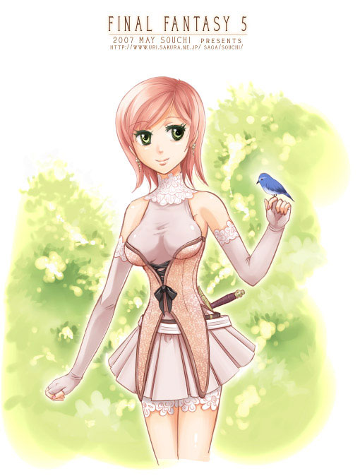 00s 1990s_(style) 1girl 2007 bird bird_on_hand copyright_name corset elbow_gloves female_focus final_fantasy final_fantasy_v gloves green_eyes knife lace leggings lenna_charlotte_tycoon pink_hair retro_artstyle short_hair solo souchi