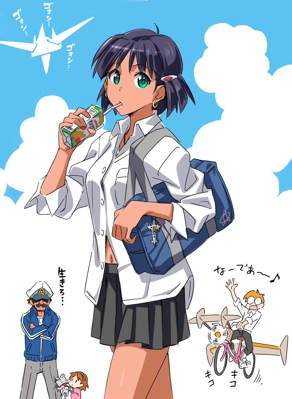 2boys 2girls aircraft alternate_universe bag bag_charm bicycle black_hair black_pants black_skirt blue_background blue_hairband blue_jacket blue_sky bob_cut breast_pocket brown_hair charm_(object) chibi chibi_inset cloud collarbone commentary contemporary cowboy_shot dark-skinned_female dark_skin double_vertical_stripe dress dress_shirt drink drinking drinking_straw drinking_straw_in_mouth earrings facial_hair feet_out_of_frame full_body fushigi_no_umi_no_nadia glasses green_eyes grey_pants hair_ornament hairband hairclip hat hat_over_eyes highres holding holding_bag holding_drink jacket jean_roque_lartigue jewelry juice_box king_(nadia) looking_at_another looking_at_viewer marie_en_carlsberg midriff_peek miniskirt motion_lines multiple_boys multiple_girls musical_note mustache nadia_la_arwall nautilus_(nadia) navel necklace nemo_(nadia) on_vehicle opaque_glasses orange_hair pants partially_unbuttoned peaked_cap pink_dress pleated_skirt pocket propeller pursed_lips red_noah_(nadia) riding riding_bicycle round_eyewear school_bag school_uniform shaded_face shirt short_hair shouting skirt sky sleeves_rolled_up solo_focus space_station spacecraft spoken_musical_note suzutsuki_kurara t-shirt track_jacket translated upper_body vegetable_juice walking white_background white_shirt |_|