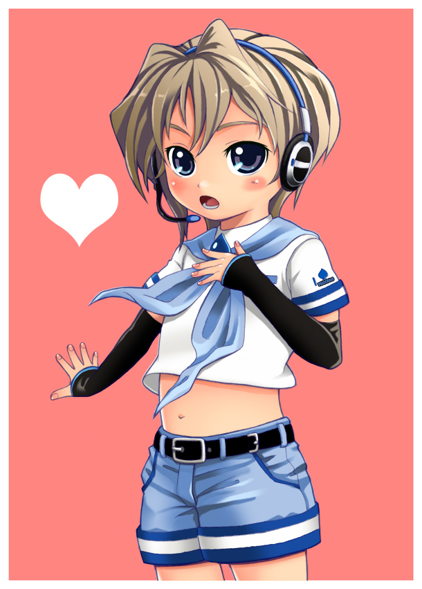 belt brown_hair child headphones hijirino_yuuta music navel open_mouth sailor shorts singing tsukuyomi_shouta vocaloid voiceroid