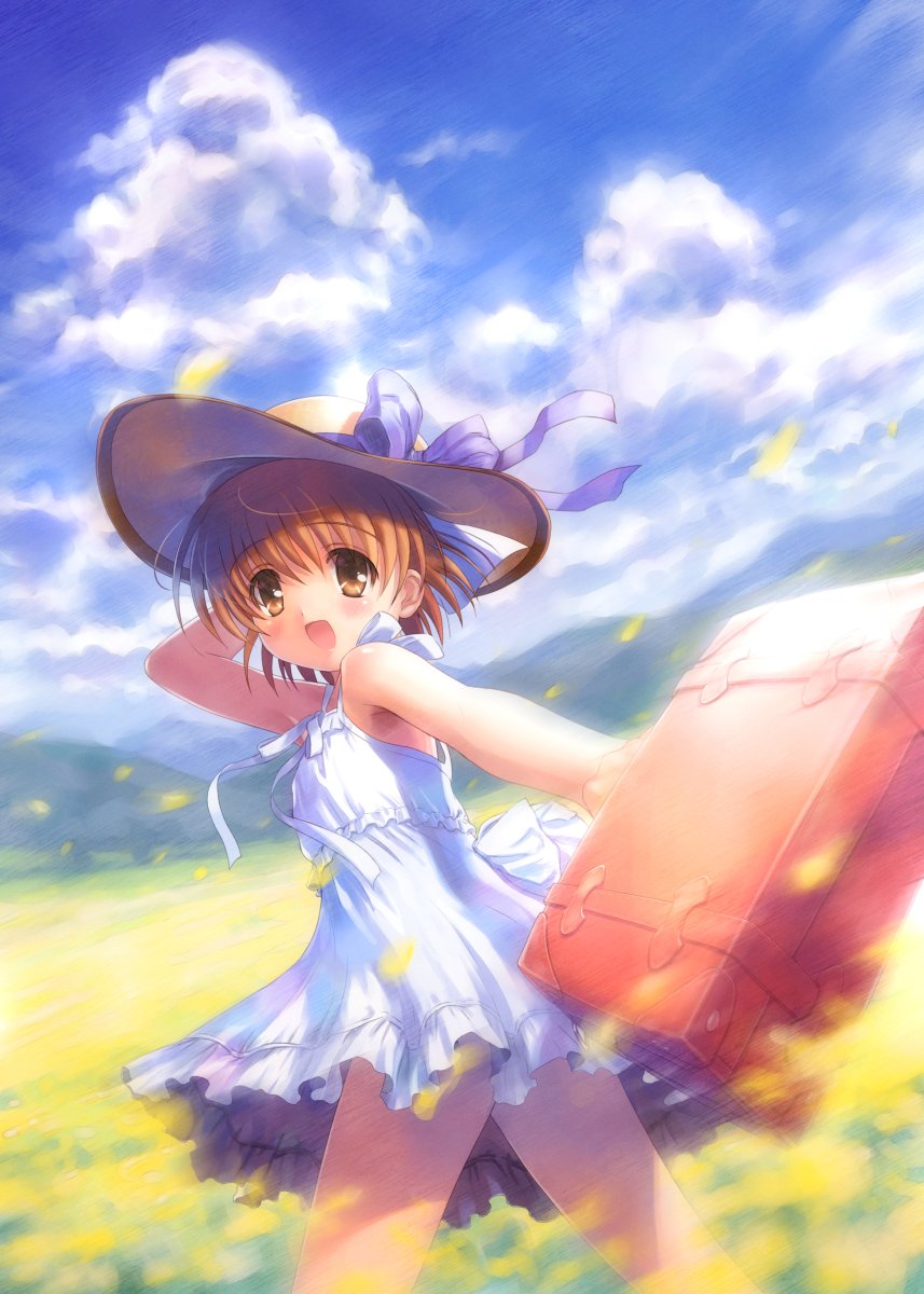 1girl brown_eyes brown_hair child clannad cloud cloudy_sky dress field flower flower_field goto_p hat highres okazaki_ushio open_mouth ribbon short_hair sky suitcase white_dress