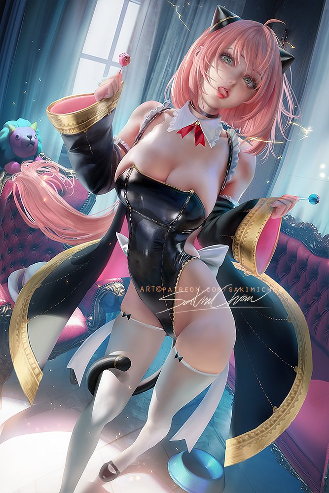 1girl :d adapted_costume aged_up ahoge alternate_breast_size alternate_costume anya_(spy_x_family) arms_up banned_artist bare_shoulders black_dress black_footwear black_gloves black_leotard blood blouse blush breasts candy cat_tail claw_pose cleavage collared_shirt commentary cone_hair_bun cosplay couch director_chimera_(spy_x_family) dress dual_wielding eden_academy_school_uniform flats food gloves green_eyes hair_bun hair_flaps hairpods holding index_finger_raised large_breasts leotard lipstick lollipop long_hair long_sleeves looking_at_viewer makeup medium_hair neck_ribbon open_mouth parted_lips pink_hair red_ribbon ribbon sakimichan school_uniform shirt simple_background skindentation sleeveless sleeveless_dress smile solo spy_x_family standing tail tail_around_own_leg taut_clothes thighhighs thighs white_shirt white_thighhighs