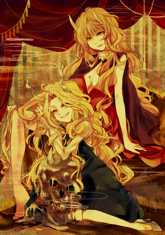 2girls bare_arms bare_legs barefoot black_dress blonde_hair blood blood_on_breasts breasts brown_hair cape child cleavage curly_hair curtains demon_horns dirty dorsiflexion dress evil_smile fangs full_body fur-trimmed_cape fur_trim glowing glowing_eye high_heels horns ibaragi_douji_(tactics) indoors juliet_sleeves large_breasts leaning_on_person lips lipstick long_hair long_sleeves makeup melting messy_hair mud multiple_girls no_bra no_shoes noritamako oni orange_eyes pinafore_dress possessed puffy_sleeves red_dress red_eyes red_lips rosalie_(tactics) shuten_douji_(tactics) sitting skull sleeveless sleeveless_dress slit_pupils smile striped_wall tactics very_long_hair wallpaper_(object) wavy_hair