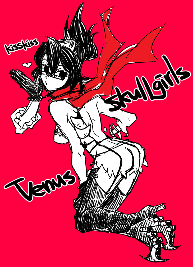 1girl boots character_name folded_ponytail from_behind garter_straps glasses high_heel_boots high_heels kyouhei_hei looking_back monochrome red_background scarf sketch skullgirls solo venus_(skullgirls)