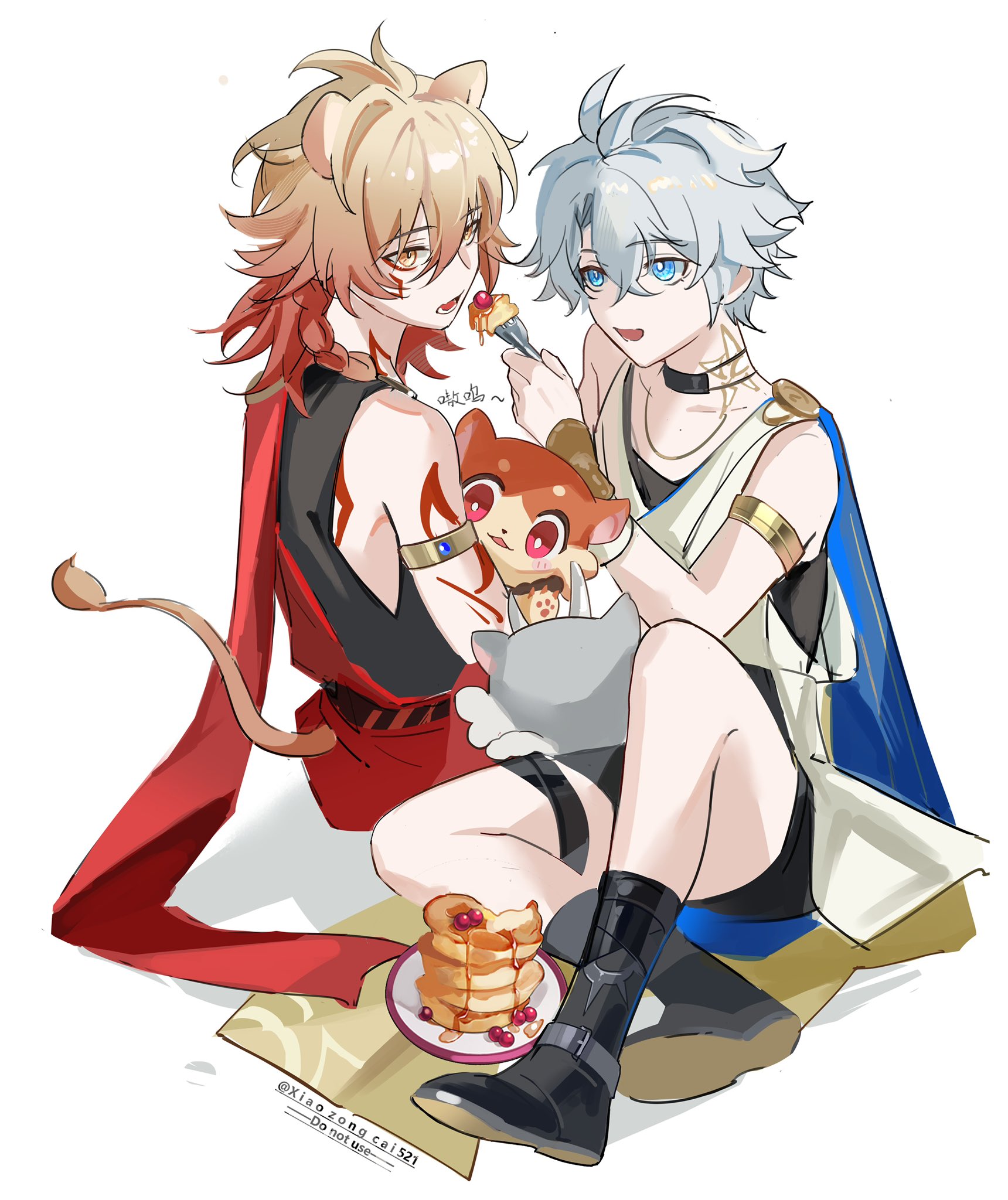 2boys ancient_greek_clothes animal_ears antenna_hair armlet black_choker black_shirt black_shoes black_shorts blonde_hair blue_cape blue_eyes braid cape chimera_(honkai:_star_rail) chinese_commentary chiton choker commentary_request fork gradient_hair greco-roman_clothes hair_between_eyes highres holding holding_fork honkai:_star_rail honkai_(series) jewelry lion_boy lion_ears lion_tail male_focus medium_hair multicolored_hair multiple_boys mydei_(honkai:_star_rail) open_mouth phainon_(honkai:_star_rail) red_cape red_hair shirt shoes short_hair shorts side_braid simple_background sleeveless sleeveless_shirt sun_symbol sun_tattoo tail tan twitter_username vambraces watermark white_background xiaozongcai521
