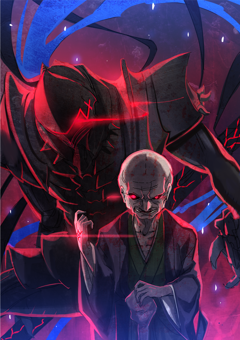 2boys armor bald berserker_(fate/zero) black_sclera cane colored_sclera commentary_request evil_smile fate/zero fate_(series) full_armor glowing glowing_eyes helmet japanese_clothes male_focus matou_zouken multiple_boys red_eyes smile ycco_(estrella)