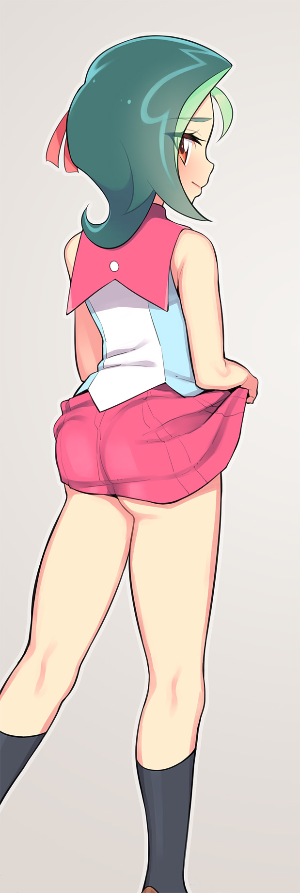 1girl ass blush clothes_lift green_hair hair_ribbon highres looking_at_viewer looking_back mizuki_kotori_(yu-gi-oh!) no_panties orange_eyes profile ribbon school_uniform shirt shoes skirt skirt_lift socks solo ukokkei yu-gi-oh! yu-gi-oh!_zexal