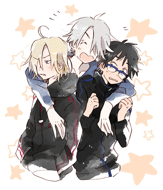 3boys ^_^ ahoge arms_around_neck black_hair black_hood black_jacket black_sleeves blonde_hair blue-framed_eyewear blue_hood blue_hoodie blush_stickers clenched_hands clenched_teeth closed_eyes collarbone glasses grey_hair group_hug h_kawa hair_over_one_eye half-closed_eyes hands_in_pockets hood hood_down hooded_jacket hoodie hug hug_from_behind jacket katsuki_yuuri long_sleeves looking_at_another male_focus multiple_boys notice_lines open_mouth short_hair smile star_(symbol) star_symbol_background teeth turtleneck turtleneck_jacket upper_body v-shaped_eyebrows v-shaped_eyes viktor_nikiforov white_background yuri!!!_on_ice yuri_plisetsky