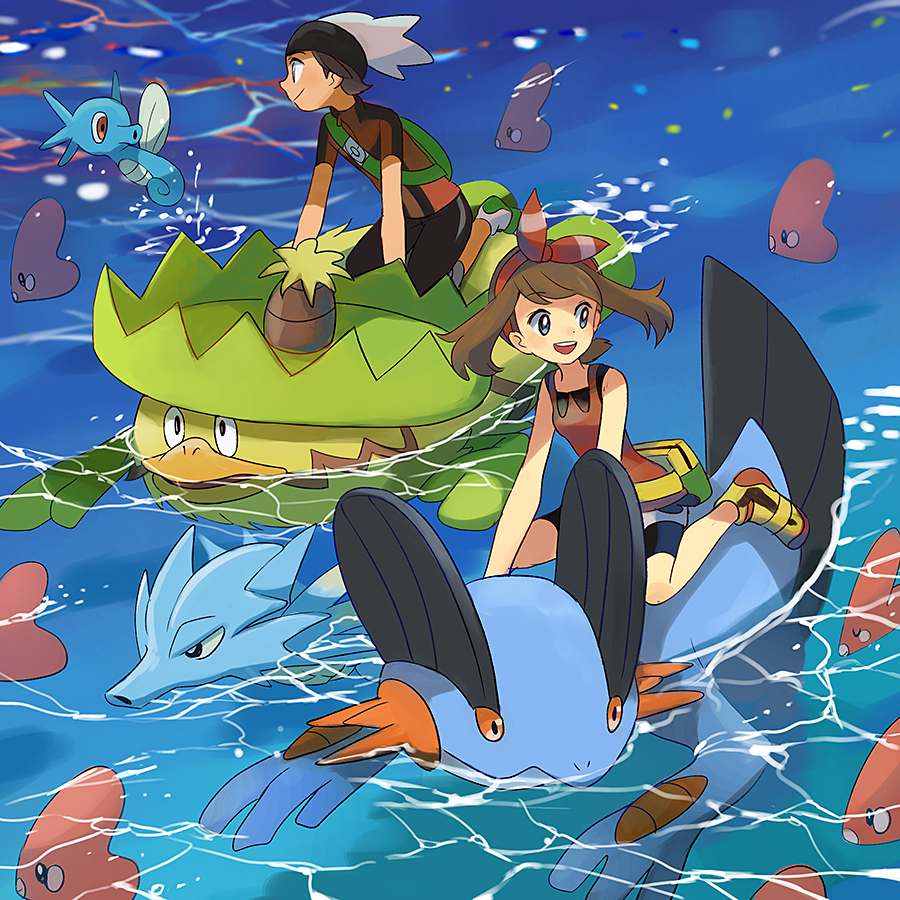1boy 1girl :d arm_support bag bike_shorts bike_shorts_under_shorts black_pants bow bow_hairband brendan_(pokemon) brown_hair closed_mouth commentary_request fanny_pack game_freak gen_1_pokemon gen_3_pokemon green_bag green_footwear grey_eyes hairband hat horsea ludicolo luvdisc may_(pokemon) medium_hair nintendo ocean open_mouth outdoors pants partially_submerged pokemon pokemon_(creature) pokemon_oras popcorn_91 red_bow red_hairband red_shirt riding riding_pokemon seadra shirt shoes short_hair short_sleeves shorts shoulder_bag sleeveless sleeveless_shirt smile swampert swimming teeth upper_teeth_only white_hat white_shorts yellow_bag yellow_shoes