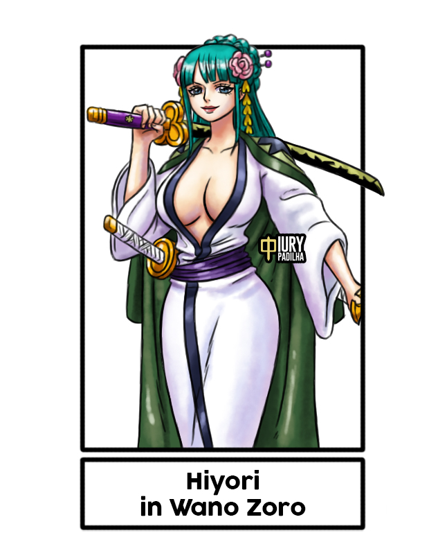 1girl blue_eyes blue_hair breasts cleavage cosplay hair_ornament iury_padilha japanese_clothes kimono kouzuki_hiyori large_breasts long_hair one_piece open_clothes open_kimono roronoa_zoro roronoa_zoro_(cosplay) sword weapon wide_hips